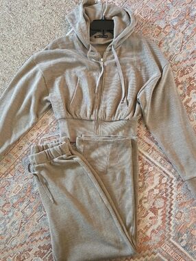 Zara Cropped Zip Hoodie & Sweatpant Matching Set - Taupe Waffle Knit